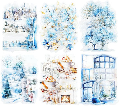 60Pcs Snow Country Winter PET Stickers, Large Landscape Stickers for Scrapbooking, DIY Crafts, Journaling, and Junk Journal Ephemera with Organizer