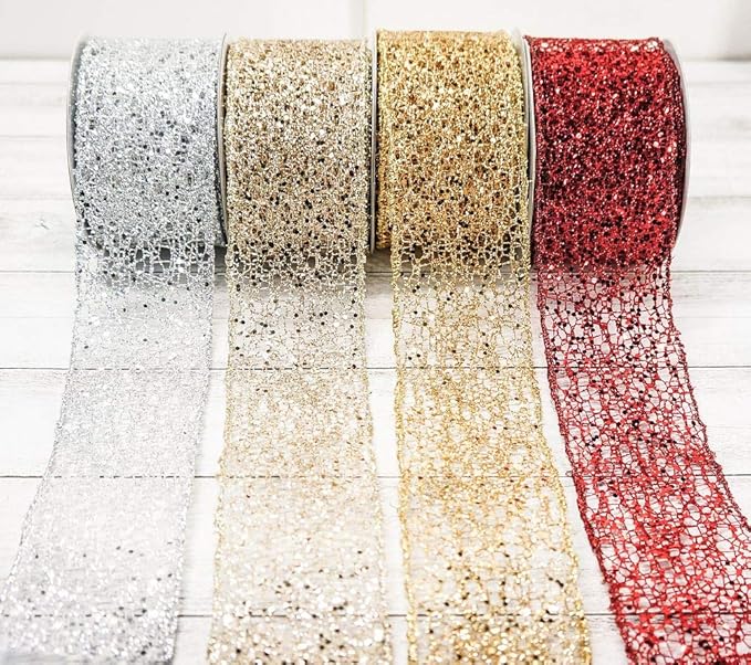 CT CRAFT LLC Sparkling Glitter Mesh Wired Ribbon 2.5" x 10 Yards Red for Christmas Home Decor Bow Gift Wrapping DIY Crafts Wreath