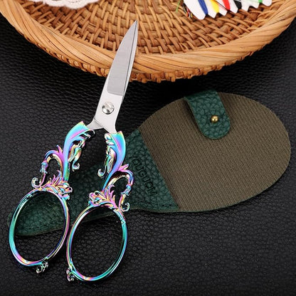 Crafting Scissors, 5.3in Sharp Multipurpose Fabric Scissors with Sheath, Arts Sewing Quilting Office Home School Paper Cutting Shears, Rainbow Large Handles