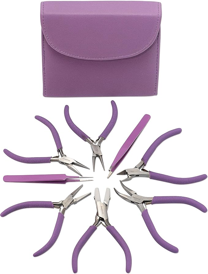 The Beadsmith Fashion Color Pliers – Set of 8 Slimline Color-Coordinated Tools – Matching Clutch in Orchid – Jewelry Making Supply Kit to Create Necklaces, Bracelets, Earrings & More