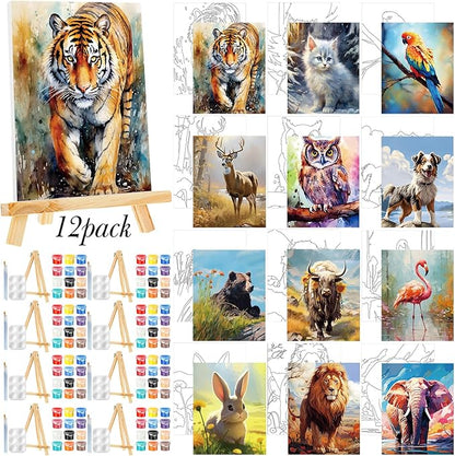 Zhanmai 12 Pack Pre Drawn Canvas for Painting Sip and Paint Kit 8" x 10" Paint Party Set Canvas Painting Pre Printed Canvases for Party Favor DIY Virtual Adult's Date Night(Animals)