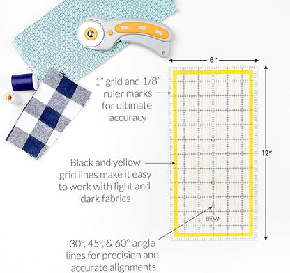 WA Portman Self Healing Cutting Mat & Rotary Cutter Set – 45mm Rotary Cutter for Fabric with 5 Extra Blades with 9x12 Fabric Cutting Mats for Crafts & 6x12 Acrylic Quilting Rulers – 3pc Sewing Kit