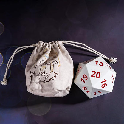 Large D20 Foam DND Dice, 80mm Spindown D&D RPG 20 Sided Dice with Drawstring Bag for Role Playing Games （White ）