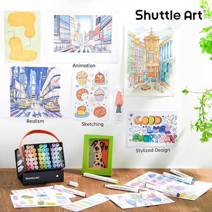 Shuttle Art Pastel Alcohol Markers Brush tip, Dual Tip Brush & Fine Tip Art Marker Set, 50 Colors plus 1 Blender Marker Pens with Case Perfect for Illustration Kids Students Adults Coloring Sketching