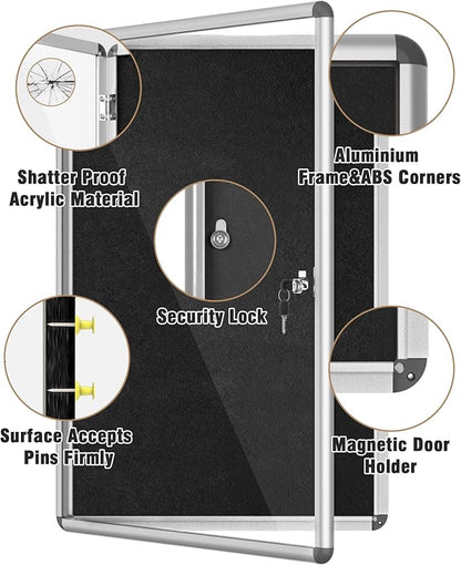 36"x24" Enclosed Bulletin Board, Lockable Weather-Resistant Aluminum Cork Noticeboard for School & Office, Silver Frame w/Black Flet