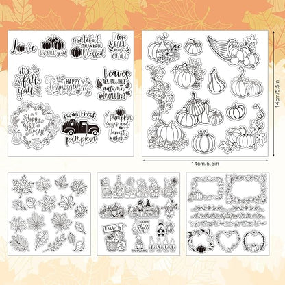 Whaline 5 Sheet Fall Thanksgiving Clear Stamps Autumn Leaves Pumpkin Gnome Silicone Transparent Stamps Happy Fall Border Stamp Cards for DIY Craft Card Making Scrapbooking Embossing Album Decor
