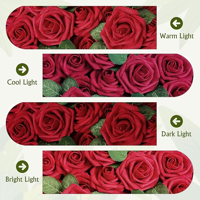 AmyHomie Artificial Flower Dark Red Rose 25pcs Real Looking Fake Roses w/Stem for DIY Wedding Bouquets Centerpieces Arrangements Party Baby Shower Home Decorations