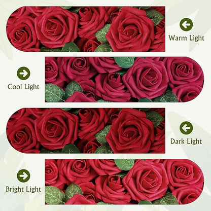 AmyHomie Artificial Flower Dark Red Rose 25pcs Real Looking Fake Roses w/Stem for DIY Wedding Bouquets Centerpieces Arrangements Party Baby Shower Home Decorations