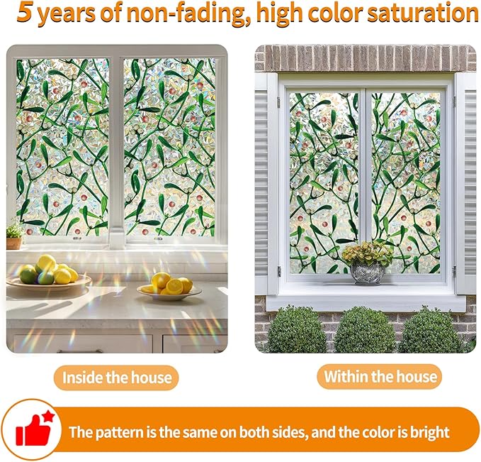 Window Privacy Film Stain Glass Window Film Rainbow Window Film Window clings Non-Adhesive Reusable Decorative for Room (Mistletoe Rainbow, 45.2 x 78.7 in)