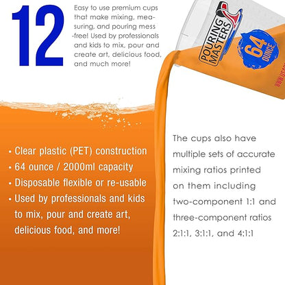 Pouring Masters 64 Ounce (2000ml) Graduated Plastic Mixing Cups (Box of 12) - Paint Mixing Cups for Epoxy Resin, Art, Kitchen, Baking - Measurements in OZ and ML, 4 Different Measuring Ratios 1:1
