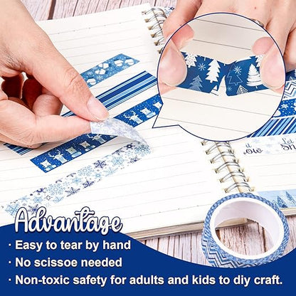 Whaline 12 Rolls Winter Washi Tape Blue White Snowflake Snowman Holiday Masking Tape Xmas Tree Reindeer Assorted Pattern Washi Tape for Scrapbook Journal DIY Craft Gift Wrapping Party Decor