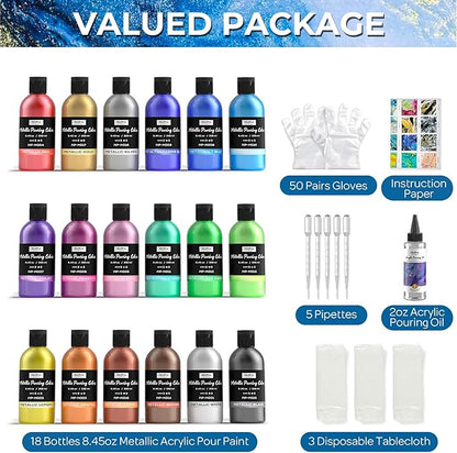Nicpro 18 Colors 8.45oz Metallic Acrylic Pour Paint Supplies Kit, Large Volume Ready to Pour Premixed High Flow Pouring Paint Set with Silicone Pouring Oil, Gloves, Instructions for Beginner DIY