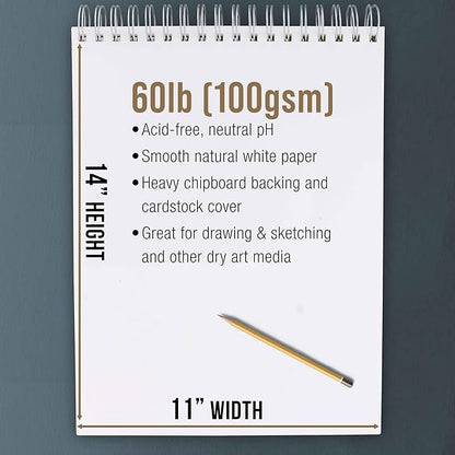 U.S. Art Supply 11"x14" Top Spiral Bound Sketch Book, 2 Pack, 100 Sheets Each, 60lb (100gsm), Acid-Free, Artist Sketchbook, Drawing Pad for Adults & Students
