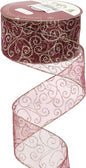 MEEDEE Red Gold Swirl Wired Ribbon 2.5 Inch Dark Red Sheer Ribbon with Gold Swirl Glitter Wired Ribbon Organza Sheer Ribbon 25 Yards Burgundy Sheer Christmas Ribbon for Christmas Tree, Wreath Bow