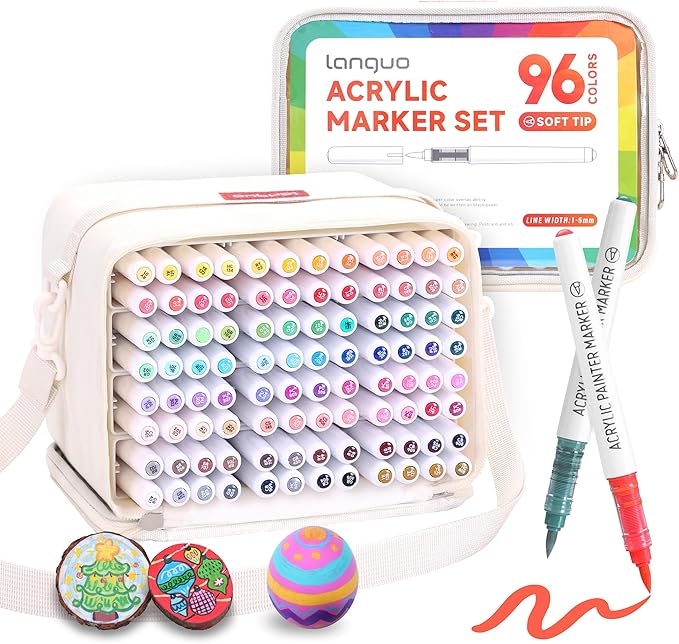 96 Colors Acrylic Paint Markers, Soft Brush Tip Marker Pens Set with Marker Bag, Acrylic Paint Pens for Fabric, Wood, Stone, Canvas, Glass, Egg, Rock Painting, DIY Crafts and Art Supplies