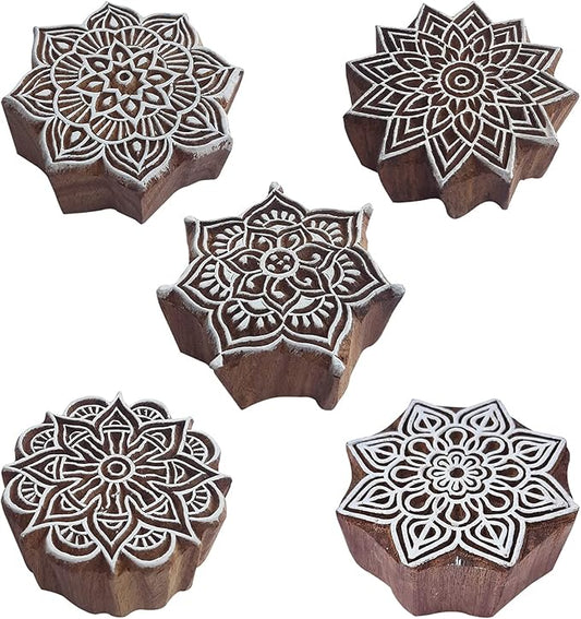 Royal Kraft Mandala Wooden Printing Stamps (Set of 5) - DIY Henna Fabric Textile Paper Clay Pottery Blocks Htag2209