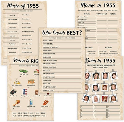 QUPT 70th Birthday Party Games, Set of 5 Activities for 10 Guests, Born in 1955 Games Bundle, Birthday Party Supplies for Adults, Pack of 50 Cards