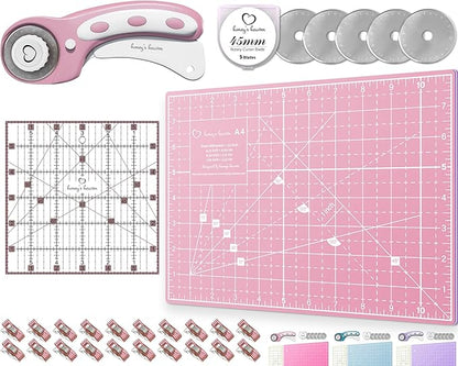 Rotary Cutter Set - Quilting Kit incl. 45mm Fabric Cutter, 5 Replacement Blades, A4 Cutting Mat, Acrylic Ruler and Craft Clips - Ideal for Crafting, Sewing, Patchworking, Crochet & Knitting (Pink, A4)