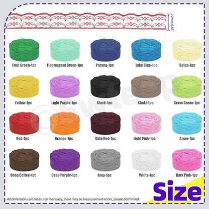 Swpeet 20 Rolls in Total 200 Yards 2.2cm×10 Yards Colorful Lace Ribbon Unilateral Floral Pattern Fabric Lace Ribbon, Lace Trim Ribbon Crafting Lace for Wedding Decorating, Sewing Gift Wrapping