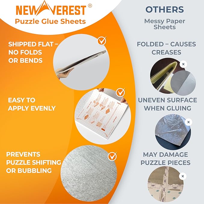 Newverest 6-Pack Puzzle Glue Sheets 10×10″ – Preserve & Display 1 × 1000-Piece Jigsaw Puzzles – Peel & Stick Puzzle Saver with 2 Adhesive Hangers – No Glue, No Mess, Ships Flat, Gift-Ready Box