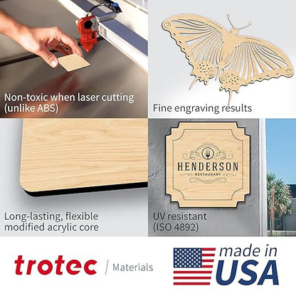 Trotec TroLase | 12"x24"x1/16", 4 Pcs | Maple/Black | 2 Ply | Modified Acrylic | Laser Engraving Double Color Plastic Sheet | Engraving Blanks for Laser, Saw, Guillotine | Made in USA