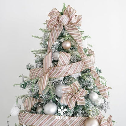 MEEDEE Pink Diagonal Striped Ribbon 2.5 Inch Blue Satin with Rose Gold and Champagne Glitter Wired Ribbon for Christmas Tree, Garlands, Wreaths, Topper Bow (10 Yards)