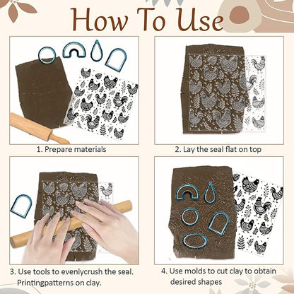 CHGCRAFT Artistic Chicken Silhouette Polymer Clay Texture Sheet Plant Leaves Bohemian Silicone Texture Mat for Polymer Clay Making Earrings Jewelry DIY Crafts 5.5 × 5.5 Inch