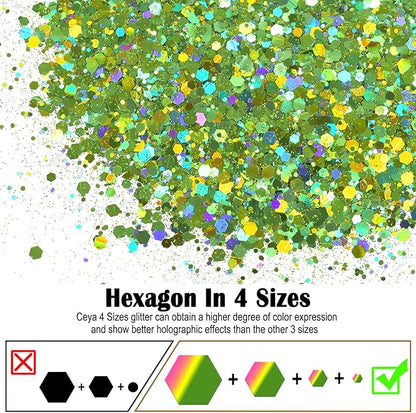 Ceya Holographic Chunky Glitter, 4.9oz/ 140g Light Green Craft Glitter Powder Mixed Chunky & Fine Flakes Iridescent Nail Sequins for St Patricks Day Party Decor, Epoxy Resin, Tumblers, Slime, Painting