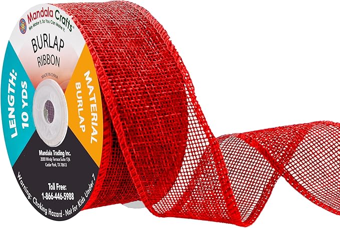 Mandala Crafts Red Burlap Ribbon 1.5 Inches Wide Jute Ribbons for Crafts - 20 Yds Roll Rustic Burlap Wrap Trim Ribbons for Wreaths Bows Wedding Party Decoration