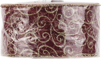 MEEDEE Red Gold Swirl Wired Ribbon 2.5 Inch Dark Red Sheer Ribbon with Gold Swirl Glitter Wired Ribbon Organza Sheer Ribbon 25 Yards Burgundy Sheer Christmas Ribbon for Christmas Tree, Wreath Bow