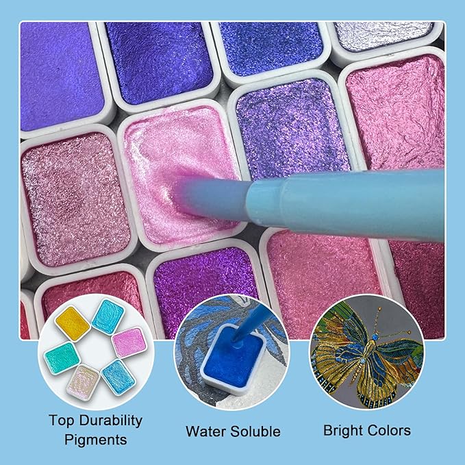 Mini Shifting Watercolor Paint Set, 30 Color Glitter Watercolor Painting Kit, Metallic Watercolor Paints, Solid Water Colors Paint Adult Set, Detail Paint Brush Included, for Artists