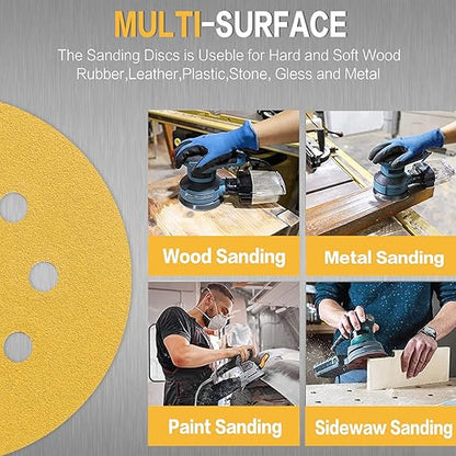100PCS 5 Inch 8 Hole Sanding Discs 150 Grit,Gold Round Hook and Loop Sandpaper for Random Orbital Sander