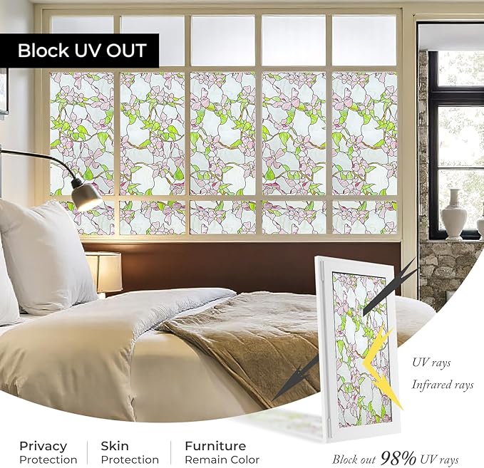 3D Stained Glass Window Film, Decorative Window Privacy Film for Bathroom,Front Door,Home, Sun Blocking Heat Control,Static Cling,23.6inch x 35.4inch Pink sprigs