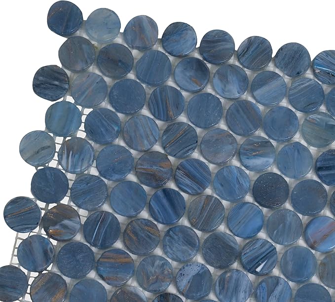 Denim Blue Penny Round Mosaic Glass Tile – 12.2 x 12.2 Inch - 10 Sheet Pack - Luxurious Design for Bathroom Walls, Kitchen Backsplash, Shower Walls - Elegant Wall Decor - NOT Peel and Stick Tile