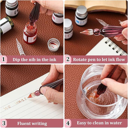 Zonon Glass Dipped Pen Ink Set 14 Pcs Include 6 Pcs Glass Dip Pen, 6 Colorful India Ink and 2 Holder Crystal Signature Calligraphy for Art, Writing, Signatures, Gift (Purple Pink Color System)