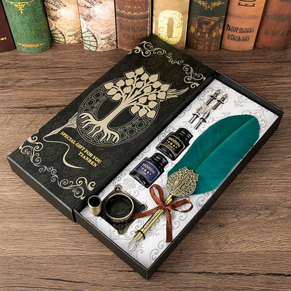Quill pen ink set,Feather Pen and Ink Set,Antique Calligraphy Pen with 4 Replaceable Nibs,2 Bottle of ink,Feather Dip Pen Holder Christmas Gift for Men&Women.(Green)