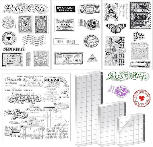 Yinder 7 Pcs Vintage Rubber Clear Stamps Set 4 Sheet Transparent Postage Silicone Stamps 3 Pcs Acrylic Stamp Block Tools with Grid Lines Rubber Craft Supplies for DIY Scrapbooking Journaling
