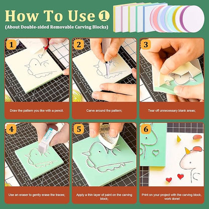 Keadic 24 Pieces Block Printing Starter Tool Kit, Rubber Stamps Making Set with Round & Square Rubber Carving Blocks, Linoleum Cutter Tools & Grindstone for Stamp Carving and Printmaking