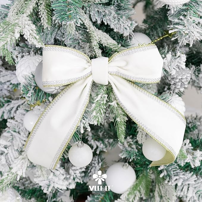 MEEDEE Gold & White Velvet with Rhinstone Edge Wired Ribbon 2.5 Inch Luxury Jeweled Ribbon 5 Yards Sparkling Rhinestone Trim for Christmas Tree, Garland, Wreaths, Holiday Home Decor, Wedding Decor