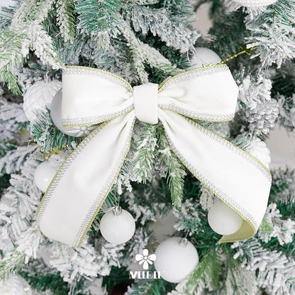 MEEDEE Gold & White Velvet with Rhinstone Edge Wired Ribbon 2.5 Inch Luxury Jeweled Ribbon 5 Yards Sparkling Rhinestone Trim for Christmas Tree, Garland, Wreaths, Holiday Home Decor, Wedding Decor