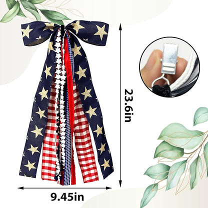 Large Patriotic Star Ribbon Bow for Wreath, Red White Buffalo Plaid Fabric Ribbons Set Assorted Lace Ribbon 4th of July Clip-On Wreath Sash Ribbons Bundle for Patriotic Indoor Outdoor Decor