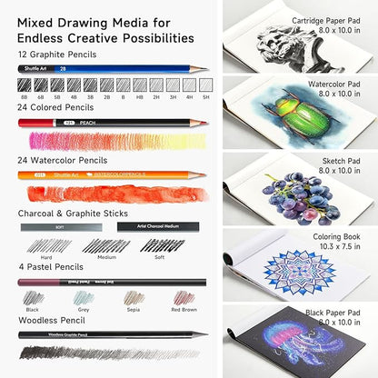 Shuttle Art 124 PCS Drawing Kit, Professional Drawing Supplies with Sketch, Charcoal, Colored, Graphite, Pastel Pencils & Sticks, Complete Drawing Tools and Paper Pads in Zipper Case for Artists&Kids