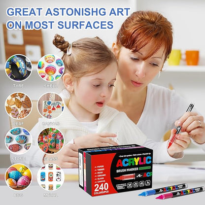 DICEKOO 240 Colors Acrylic Paint Markers, Soft Brush Tip Pens with Automatic Ink Control System, Waterproof, Quick-Drying, Lightfast, for Rock Painting, Canvas, Wood, Egg & DIY Crafts Art Supplies