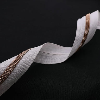 Leekayer #5 Rose Gold Metallic Teeth Nylon Coil Zippers by The Yard Bulk 10 Yards White Zipper Tape with 25pcs Rose Gold Ring Pull Sliders for DIY Sewing Tailor Craft Bag(White)