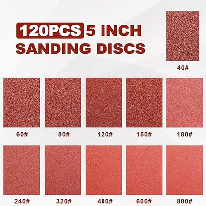 120 PCS 5 Inch Sanding Discs 40 Grit, 8 Hole Aluminum Oxide Hook and Loop Round Sandpaper for Random Orbital Sander