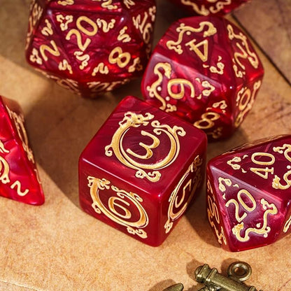 7-Die DND Dice Set Dragon Pattern Polyhedral Die with Leather Bag D&D Dice Set for RPG Table Games (Red W/Gold Dragon Pattern)