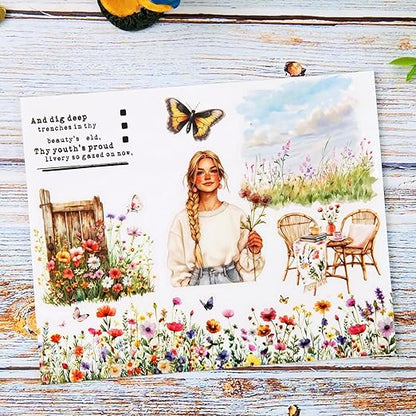 Spring Garden PET Tape Set, 3 Rolls Pre-Cut Wildflower Stickers for Scrapbooking, Journaling, DIY Crafts, and Collage Art (30 mm/50 mm/55 mm)