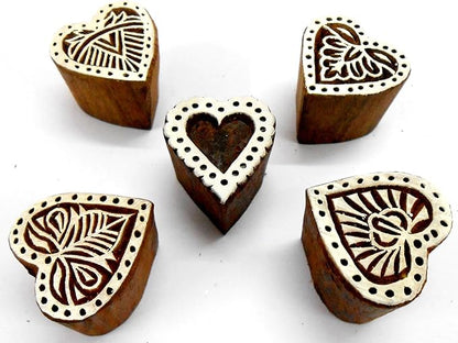 Stylish Romantic Five Hearts Wooden Blocks Stamps for Printing on Textiles, Pottery Crafts,Henna, Scrapbooking (Set of 5)