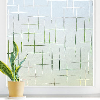 DOWELL Window Privacy Film Frosted Glass Window Film, Sun Blocking Non-Adhesive Glass Cling, Decorative Door Sticker, Self Static-Cling Tint Covering for Home Office, Cross Pattern 23.6" x 78.7"