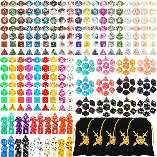 Yilloog 350 Pcs Compatible with DND Dice Sets Bulk Polyhedral Dice with Drawstring Bag Dice Multi Role Playing Table Game D4 D6 D8 D10 D% D12 D20 Compatible with Dungeons and Dragons (Classic Style)